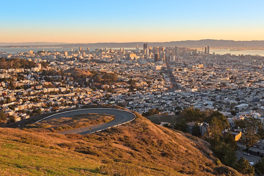 San Francisco and the bay seen at sunrise from the hills to the south